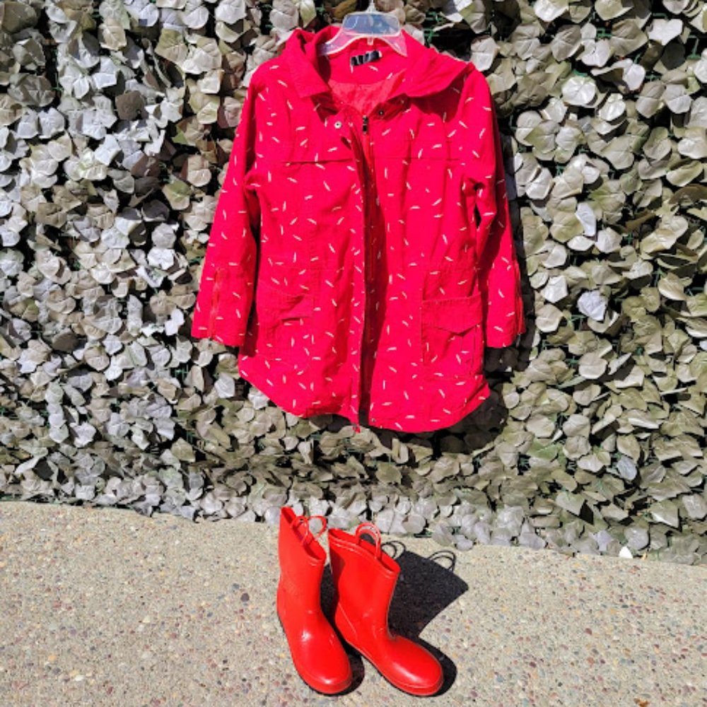 RED RAINCOAT WITH MATCHING RAINBOOTS